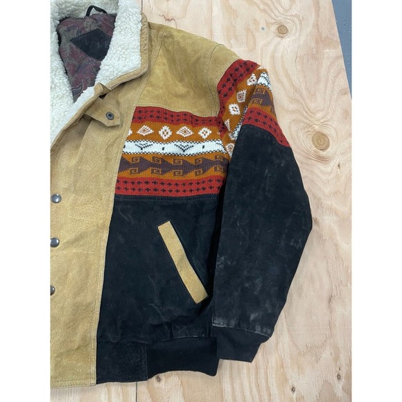 Vintage Suede Sherpa Jacket Coat Southwestern Pattern Mens Size Large WIB - Picture 4 of 11